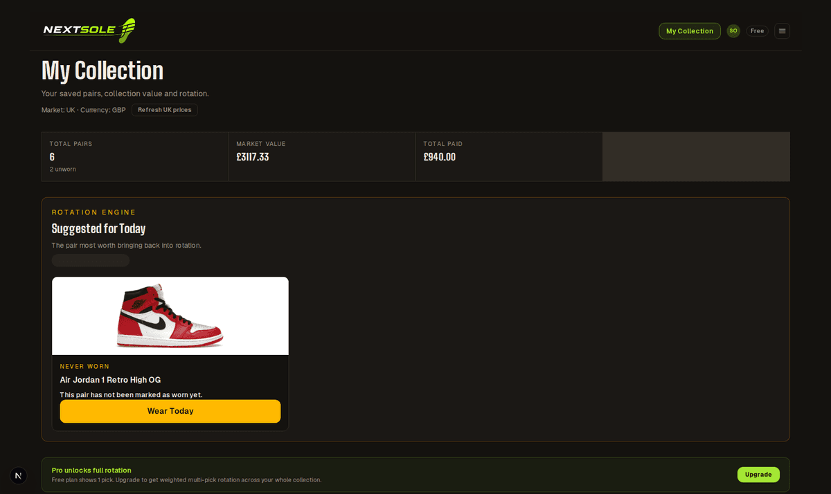 Nextsole — collection overview with market value and rotation engine
