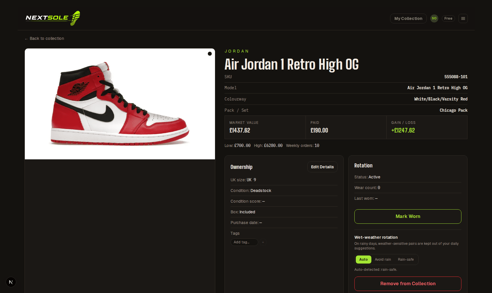 Nextsole — shoe detail page with market value and ownership details